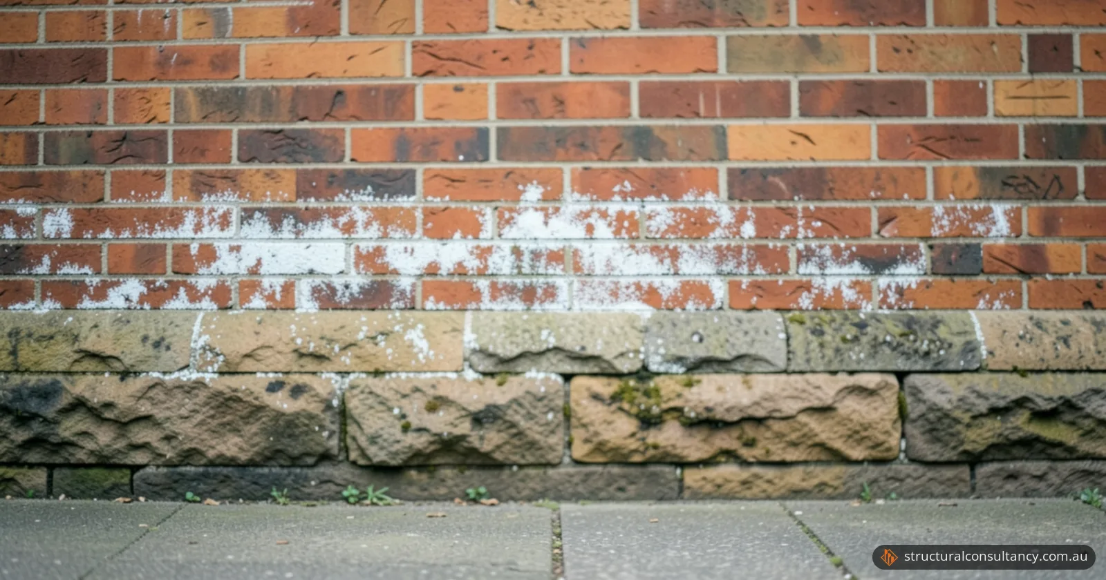 White efflorescence salt on the lower courses of a red brick wall above a sandstone base and a concrete path