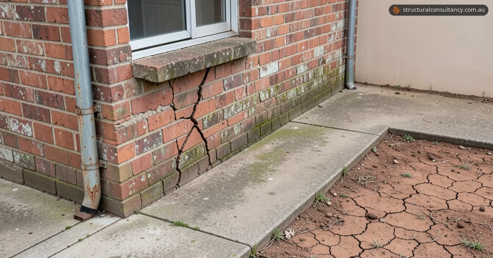 Crack running down through the brickwork below a window sill, beside a concrete path, with a downpipe and dry, cracked clay soil