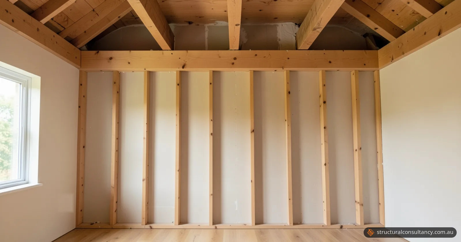 Timber stud wall with its lining removed, showing the studs, the top plate and the roof framing above it