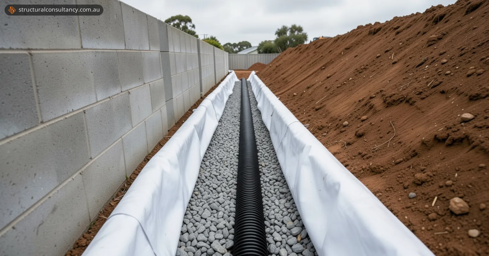 Gravel-filled trench lined with white geotextile and holding one continuous black corrugated drainage pipe, behind a concrete block retaining wall under construction