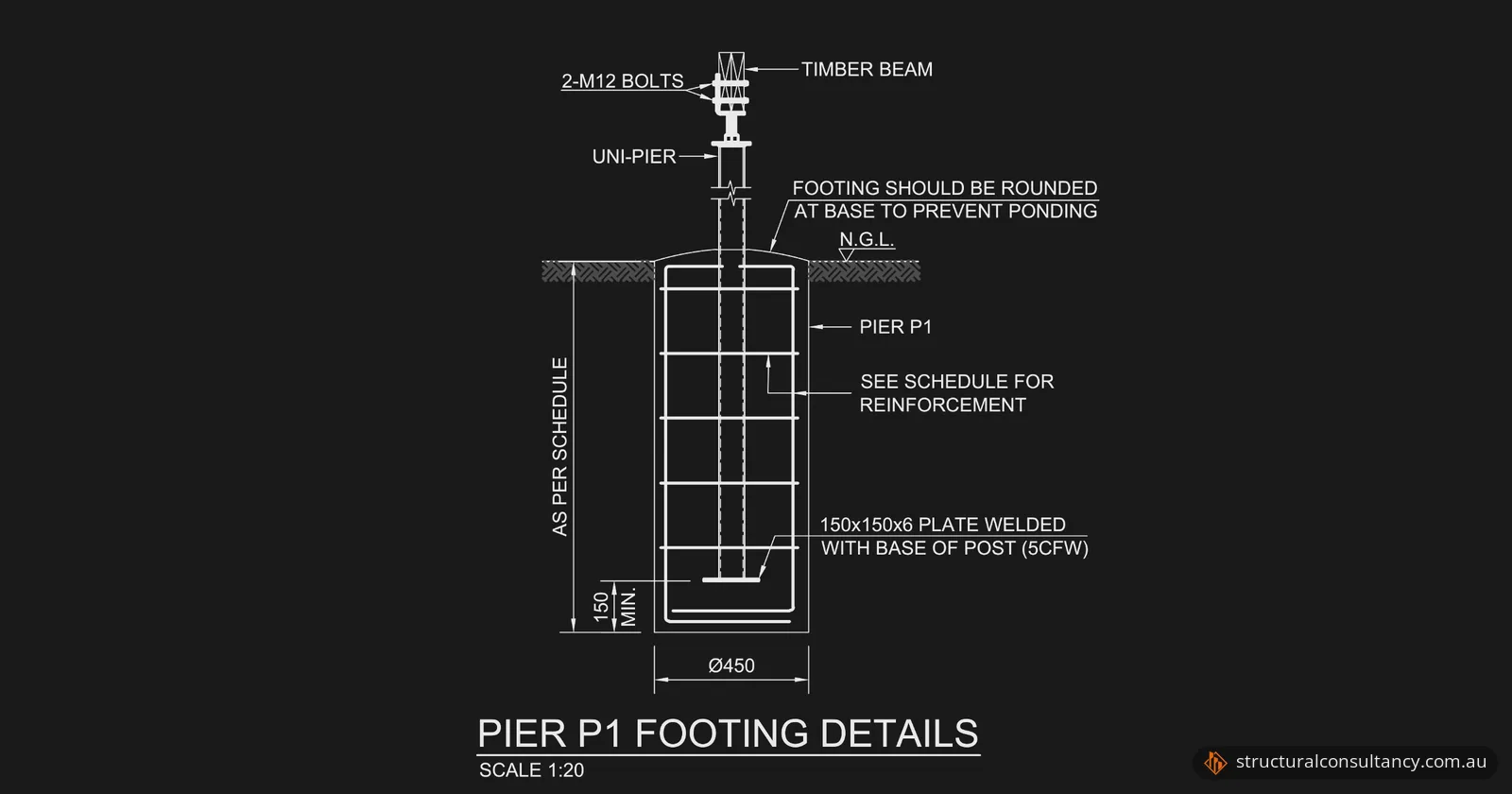Section through a 450 mm concrete pier with an adjustable steel stump cast in and a timber beam bolted on top