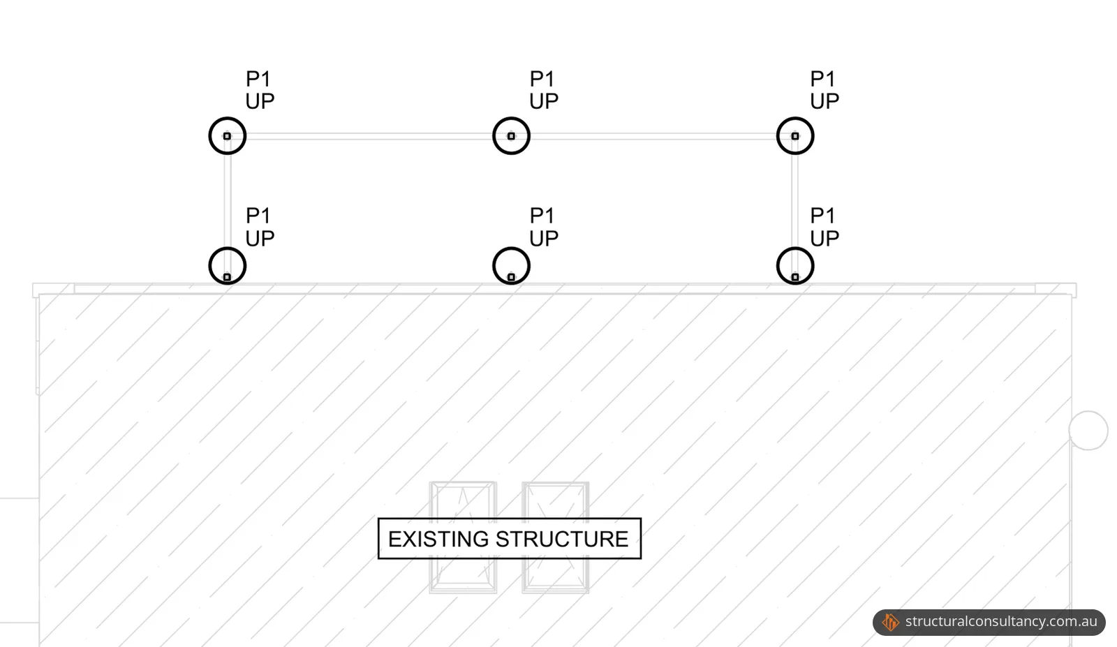 Foundation layout plan with six concrete piers in two rows of three beside the existing building