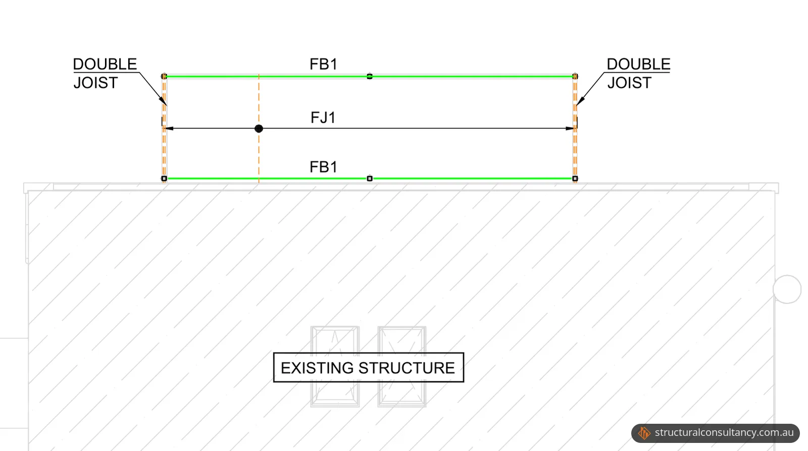 Floor framing plan with two FB1 timber beams, FJ1 joists spanning between them and a double joist at each end