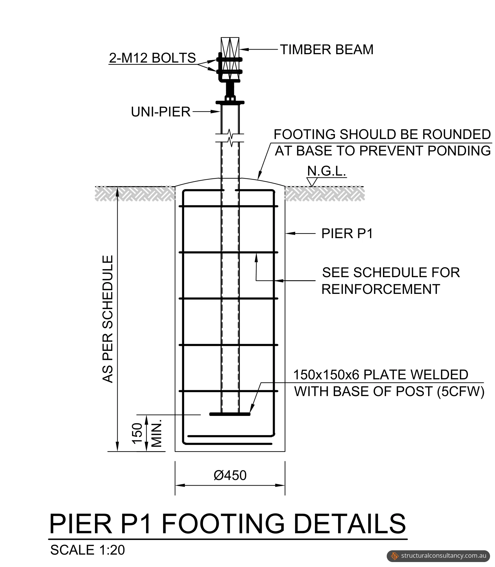 Section through a 450 mm concrete pier with a steel stump cast in and a timber beam bolted on top